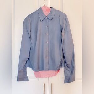 Ann Taylor Silk Blue Collared Long Sleeve Button Down Shirt w French Cuffs Sz 8